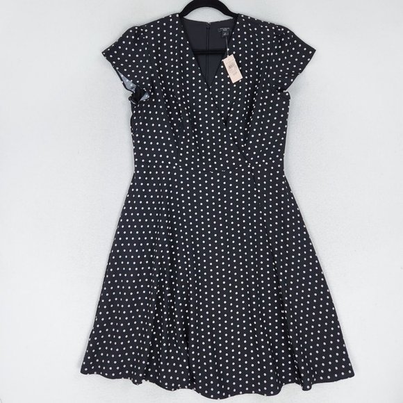 Ann Taylor Dress Womens 10 Petites Black Pink Polka Dot Faux Wrap A Line NEW - Picture 1 of 6